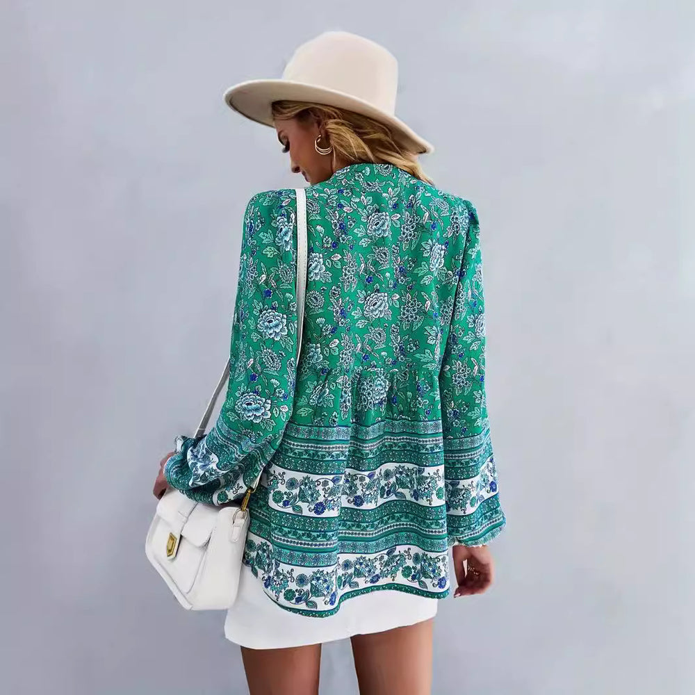 Damen Blusentop mit buntem Blumenmuster und Volantärmeln EB