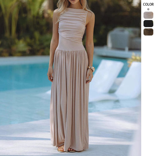 Damen Maxi-Kleid mit elegantem Faltenwurf und ärmellosem Design EB
