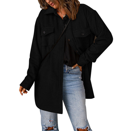 Damen gemütliche Oversize-Hemdjacke mit praktischen Taschen EB
