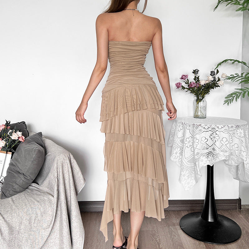 Damen Raffiniertes Maxi-Kleid mit schulterfreiem Design und voluminösem Rüschensaum EB