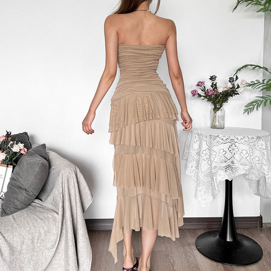 Damen Raffiniertes Maxi-Kleid mit schulterfreiem Design und voluminösem Rüschensaum EB