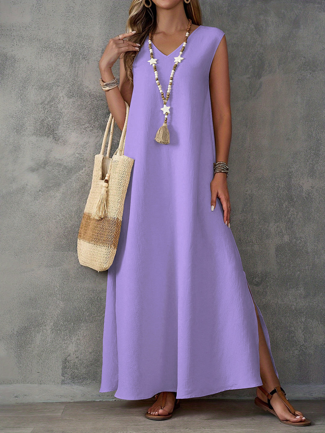 Damen Maxi-Strandkleid mit elegantem V-Ausschnitt und seitlichem Schlitz EB