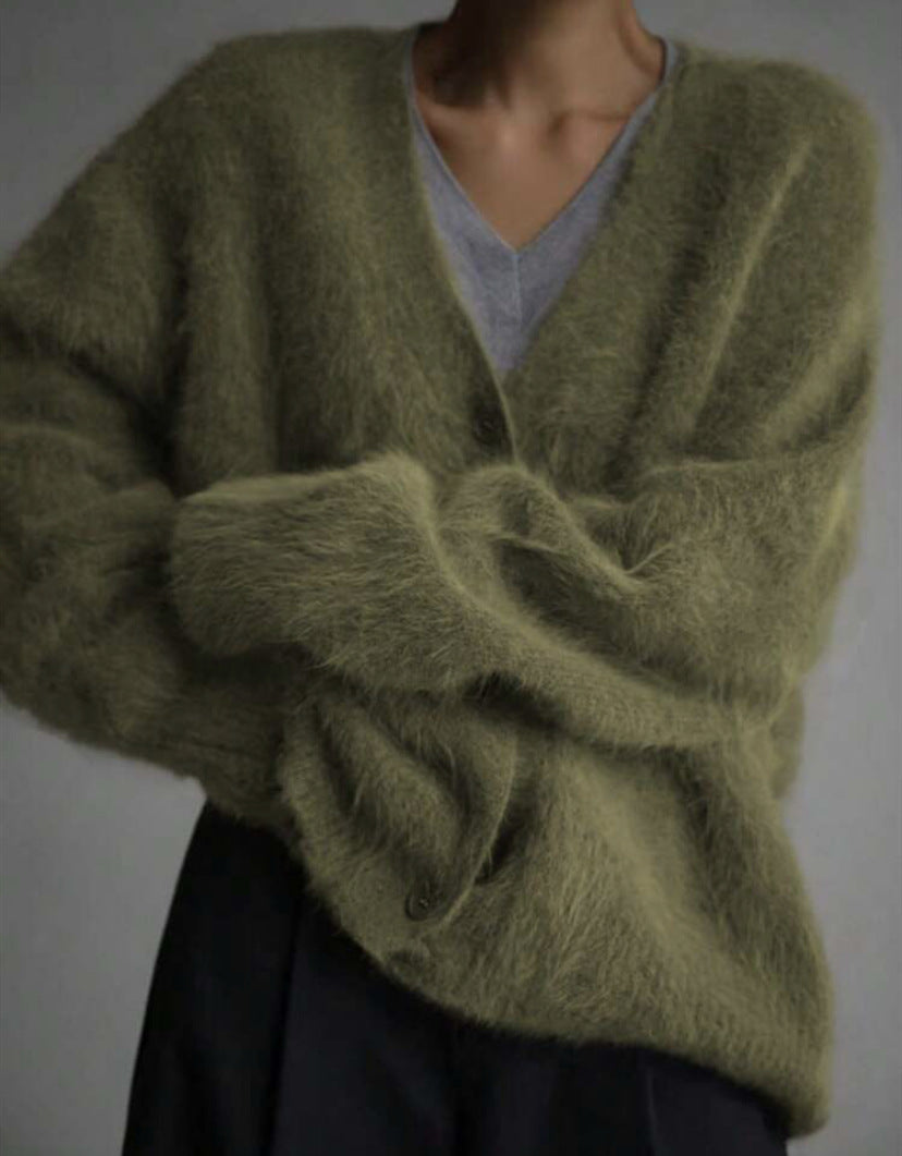 Damen Kuscheliger Oversize-Cardigan aus Teddy-Strick mit tiefem V-Ausschnitt EB