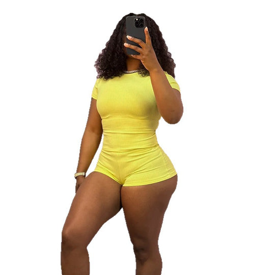 Damen Figurbetontes Jumpsuit mit kurzen Ärmeln und Rippenstruktur EB