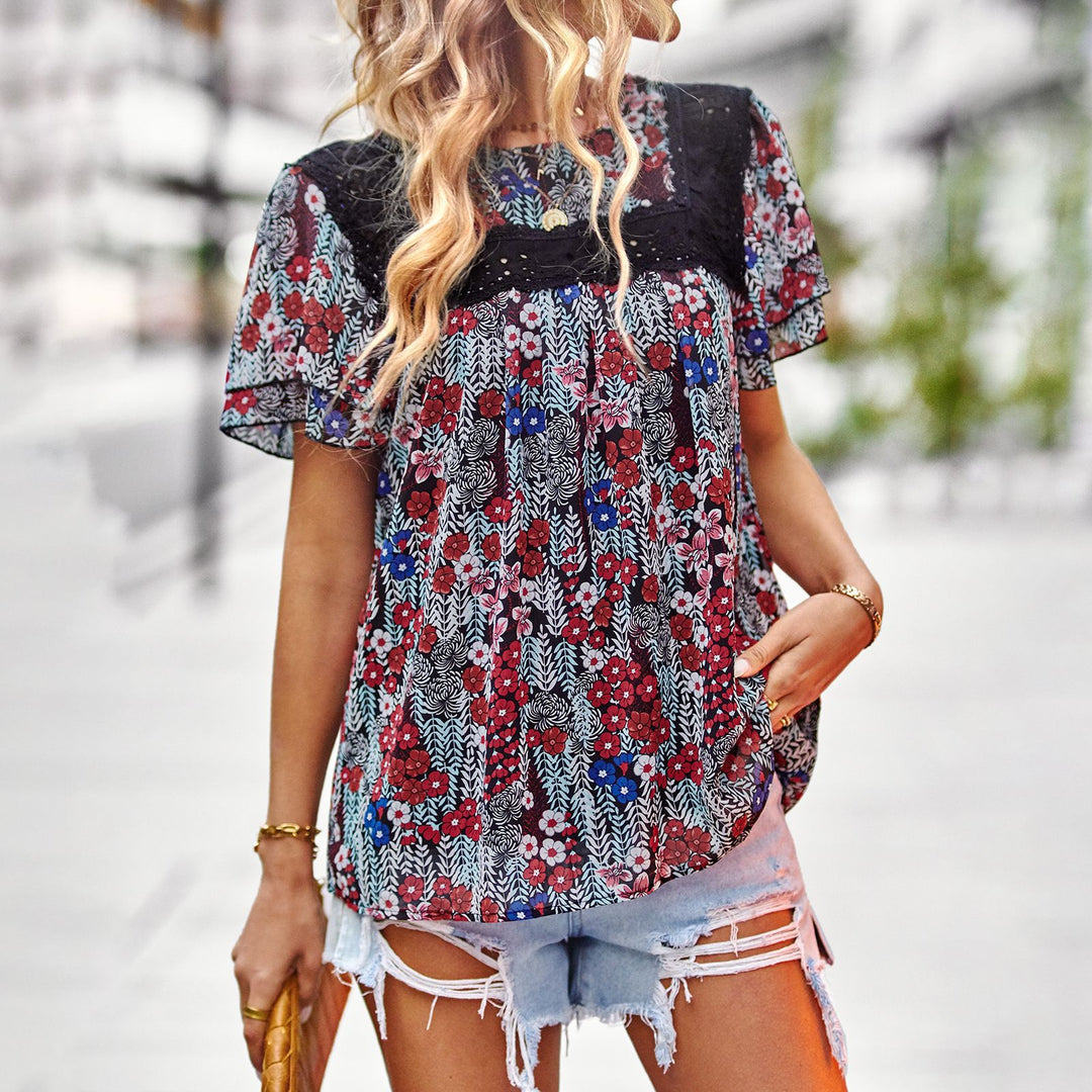 Damen Blumenmuster-Bluse mit Spitzenbesatz EB