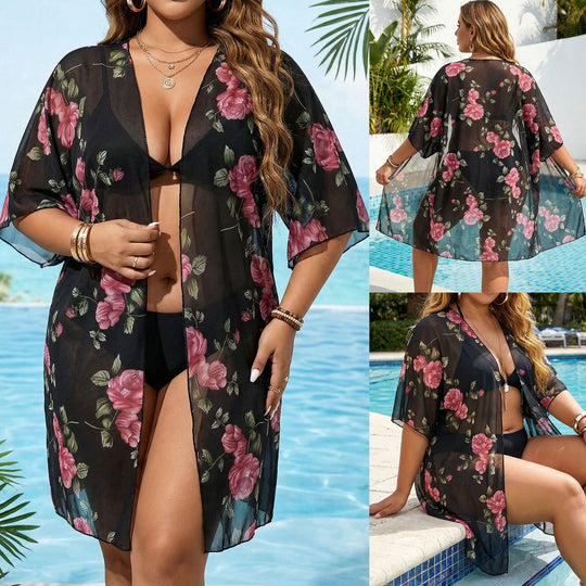 Damen transparenter Strandüberwurf mit floralen Mustern EB