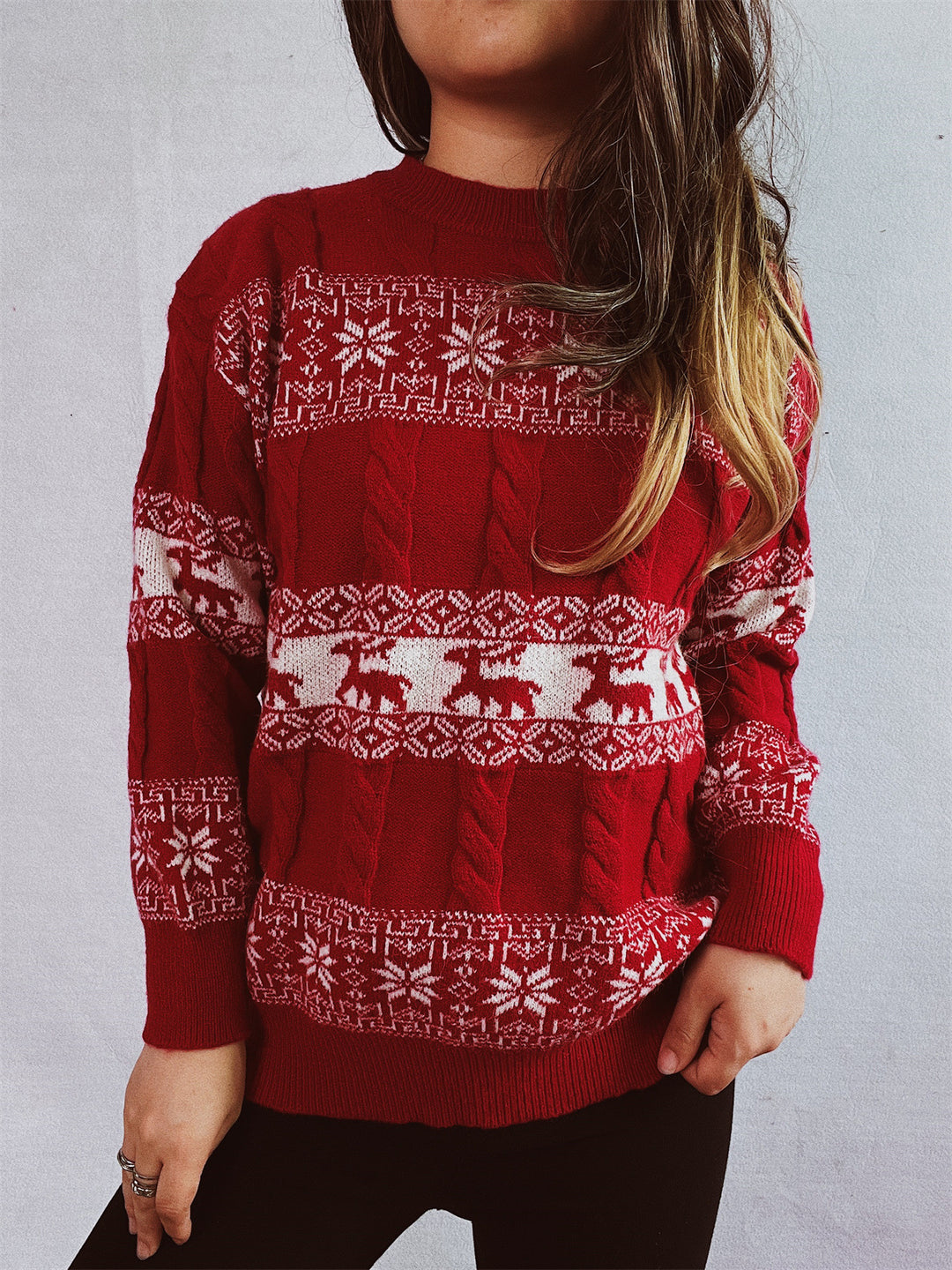 Damen Strickpullover mit festlichem Rentier-Motiv und Zopfmuster EB