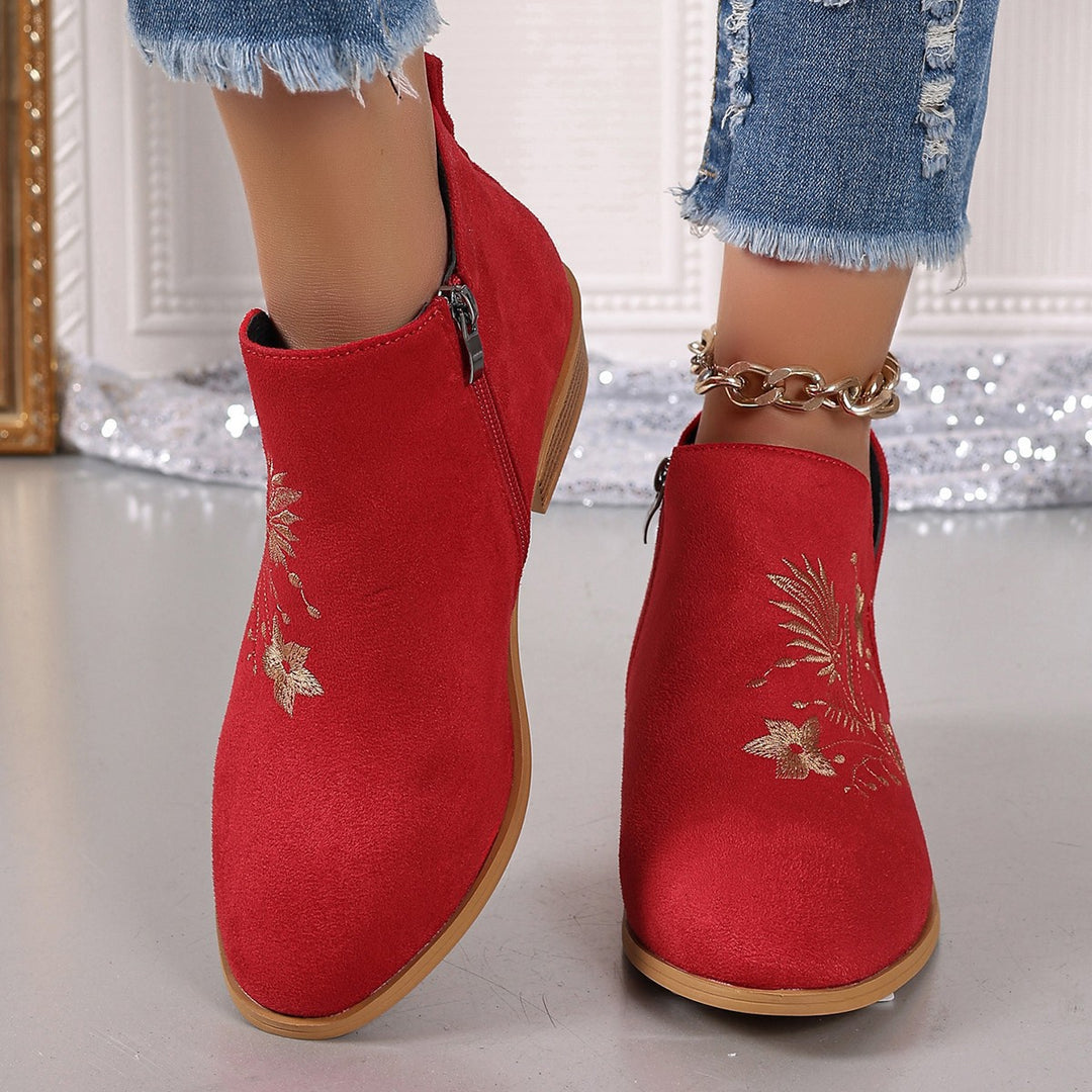 Damen Stiefeletten mit floralem Stickdesign und seitlichem Reißverschluss EB