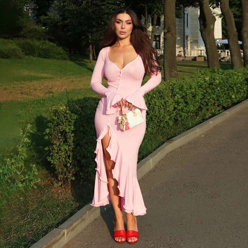 Damen Elegantes Maxikleid mit Rüschen und Knopfleiste EB