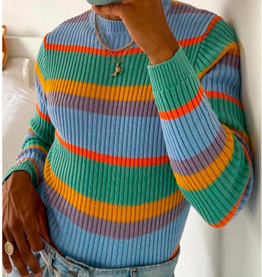 Damen Strickpullover mit modischem Streifenmuster und lässigem Schnitt EB