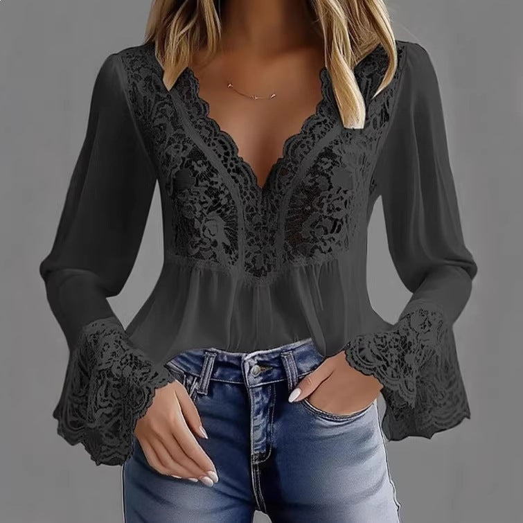 Damen elegante Bluse mit Spitzendetails und gerafftem Saum EB
