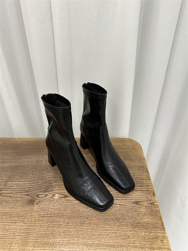 Damen Trendige Ankle Boots mit hohem Blockabsatz und edler Lederoberfläche EB