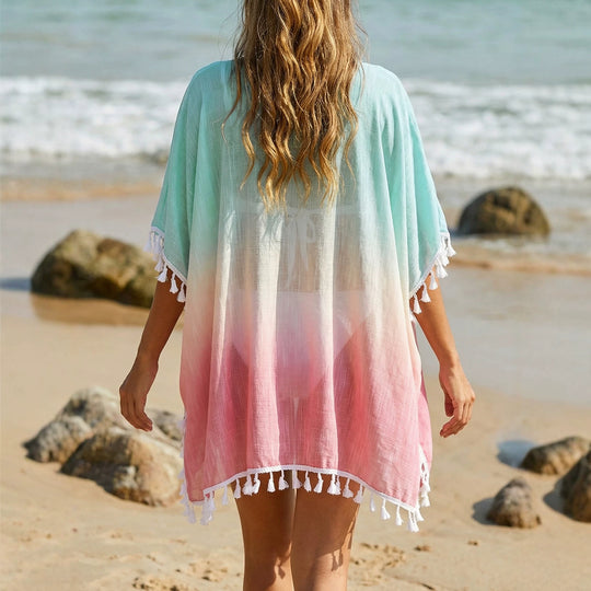 Damen lässiger Strandponcho mit fransigen Akzenten EB