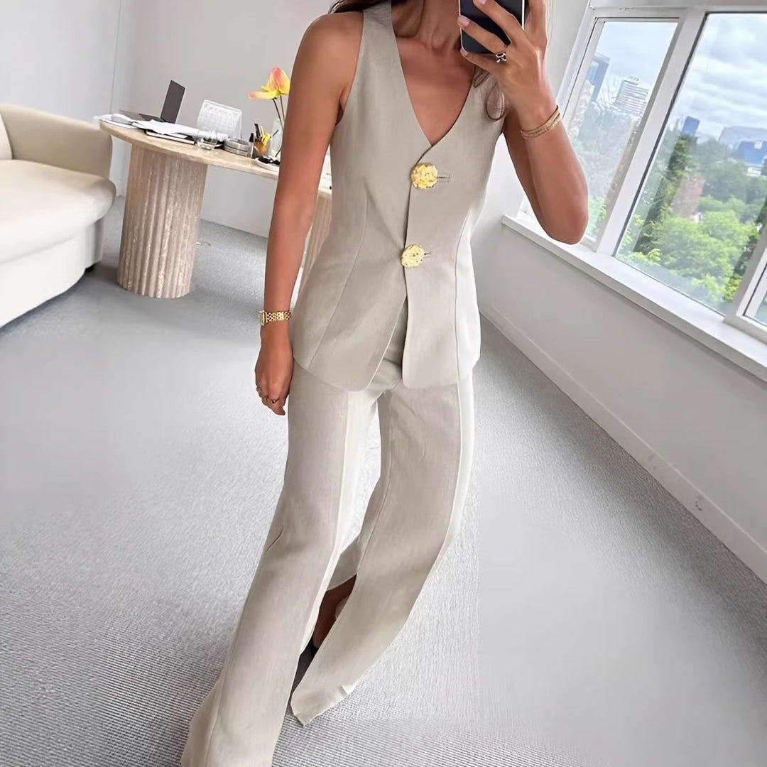 Damen elegantes Jumpsuit mit vordere Knopfleiste und weitem Bein EB