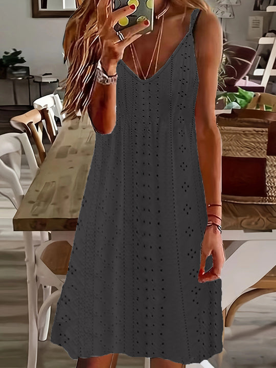 Damen Ärmelloses Sommerkleid mit dekorativem Lochmuster und V-Ausschnitt EB