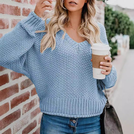 Damen lässiger V-Ausschnitt Pullover mit lockerem Schnitt und strukturiertem Strick EB