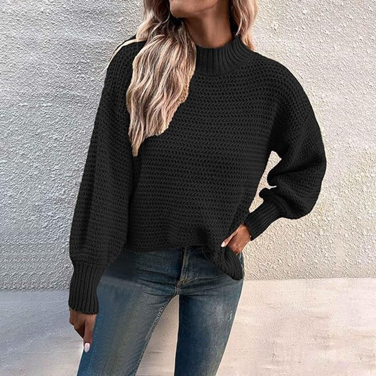 Damen Grobstrickpullover mit hohem Kragen und ballonförmigen Ärmeln EB