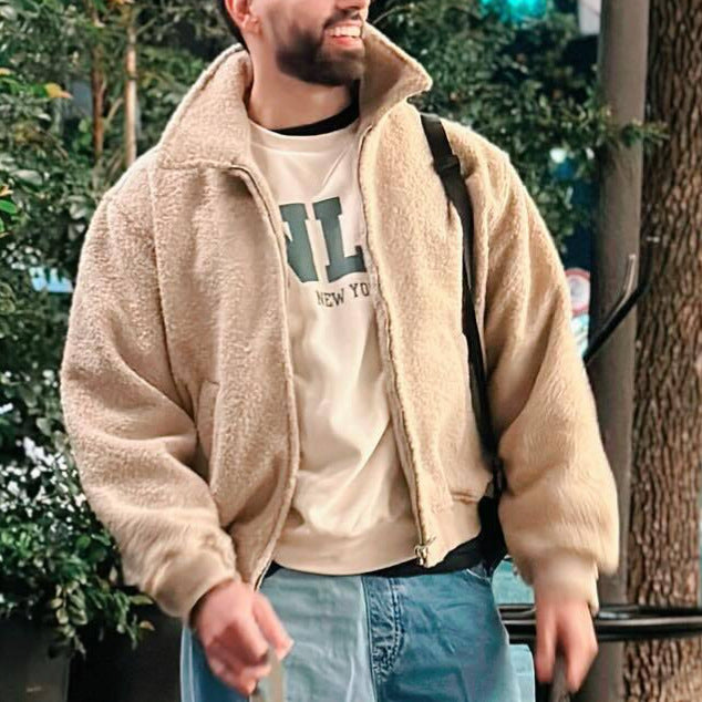 Herren kuschelige Fleecejacke mit hohem Kragen und seitlichen Taschen EB