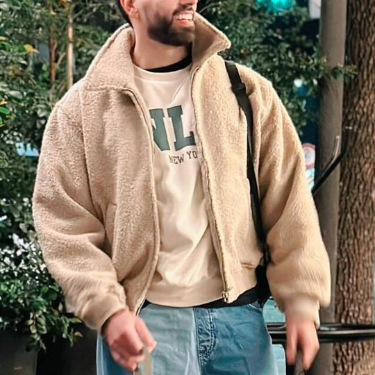 Herren kuschelige Fleecejacke mit hohem Kragen und seitlichen Taschen EB