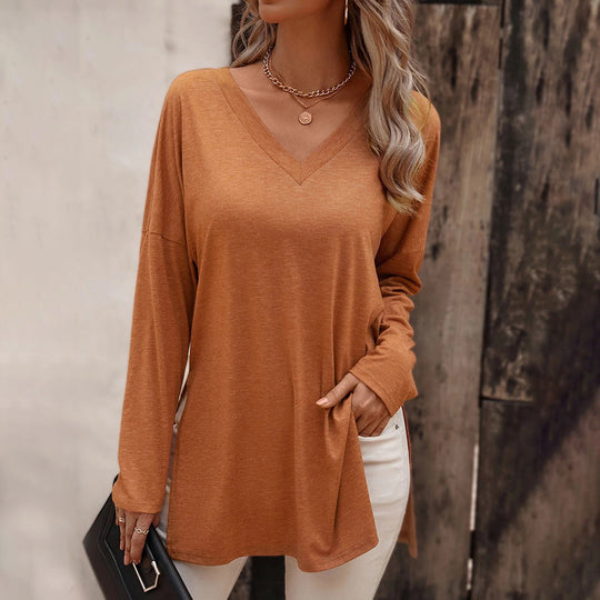 Damen lässige V-Neck Longsleeve-Tunika mit Seitenschlitzen und relaxed Fit Eichborn Berlin