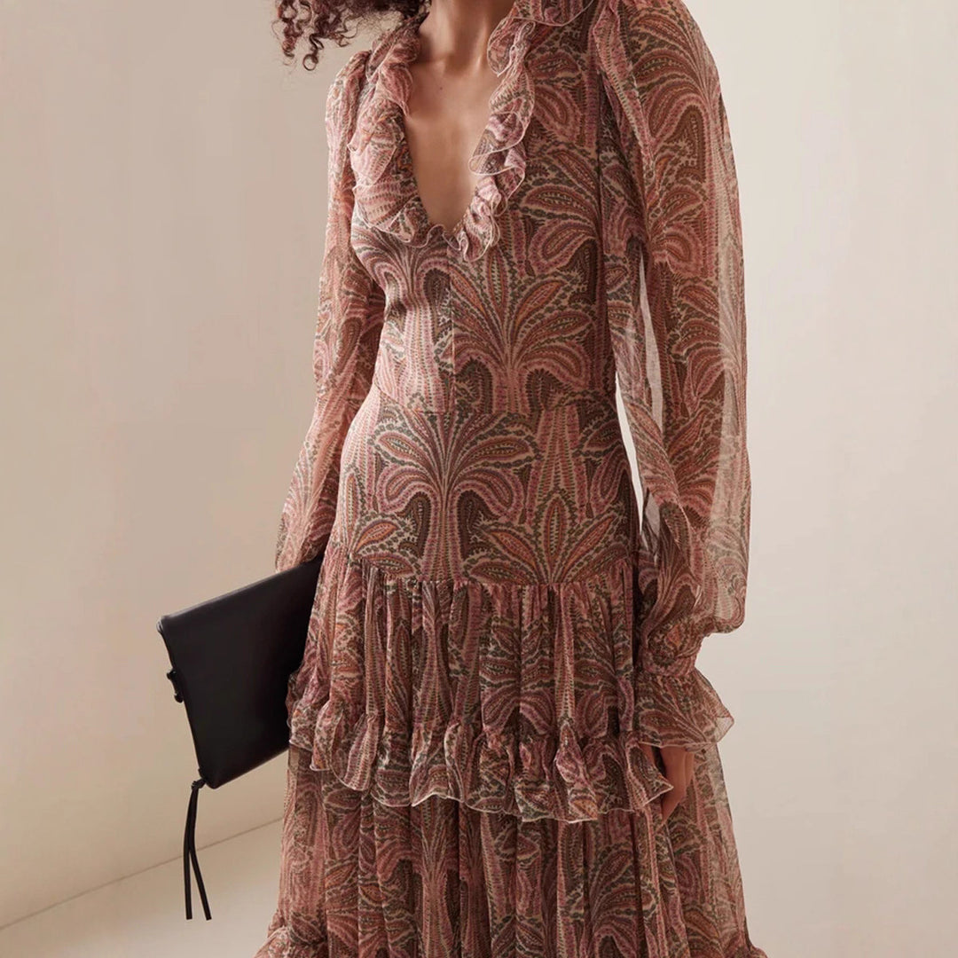 Damen Maxikleid mit rüschenverziertem Gewebe und elegantem V-Ausschnitt EB
