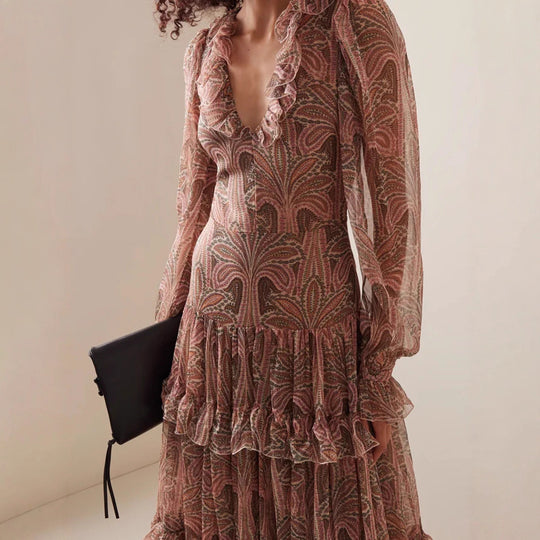 Damen Maxikleid mit rüschenverziertem Gewebe und elegantem V-Ausschnitt EB