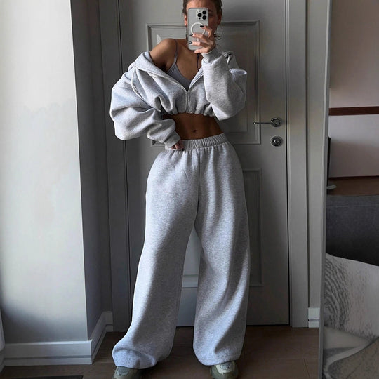 Damen nan kurzes Zip-Hoodie Cropped Sweatshirt mit Kordelzug, angesetzten Ballonärmeln und elastischem Saum EB