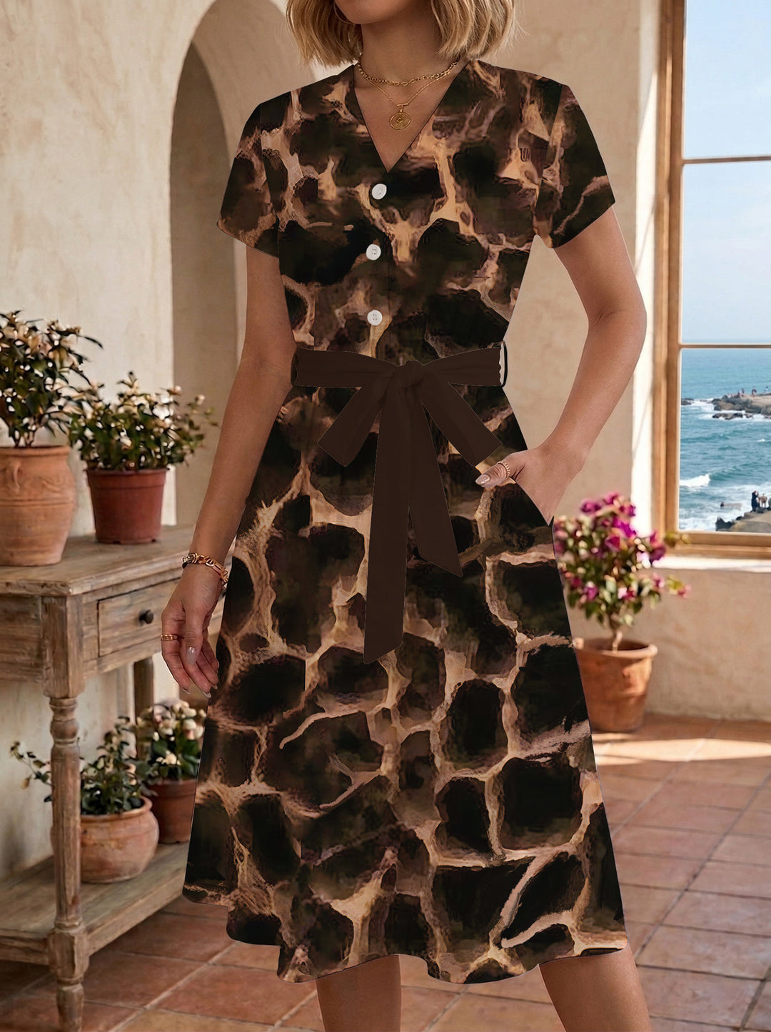 Damen Blühendes Midikleid mit taillierbarem Gürtel und kunstvollem Print EB