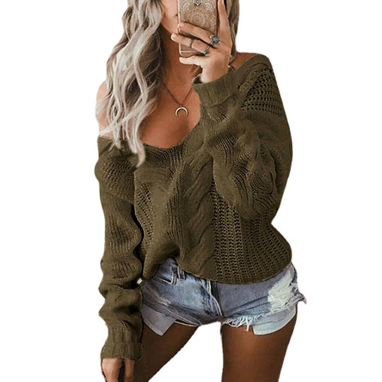 Damen Grobstrickpullover mit offener Schulter und Details aus Lochmuster EB