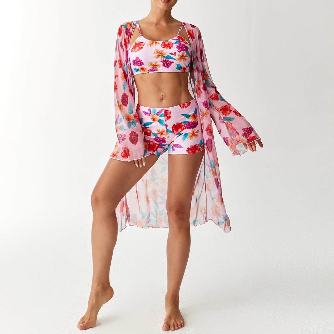 Damen Bikini-Set mit elegantem Crop-Top und durchscheinendem Strandkimono EB