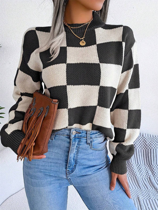 Damen modischer Pullover mit Karomuster und weitem Schnitt EB