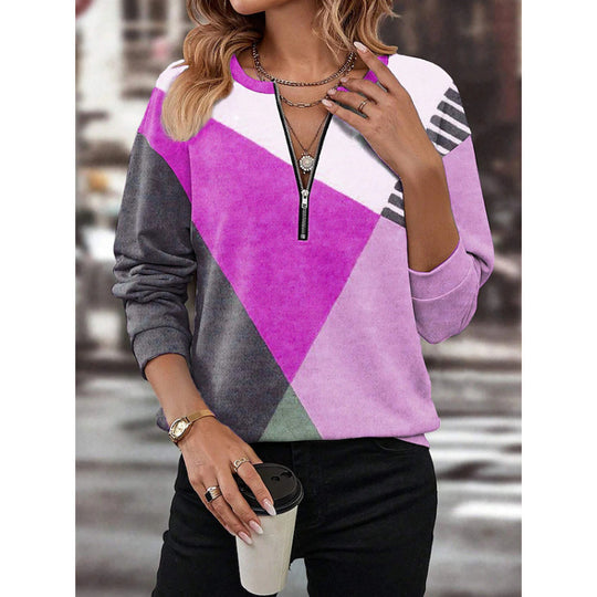 Damen Sportlicher Sweatshirt mit halbem Reißverschluss und trendigem Kontrast-Design EB