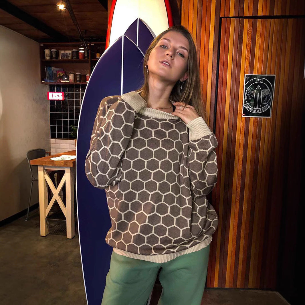 Damen Kreativer Strickpullover mit Wabenmuster EB