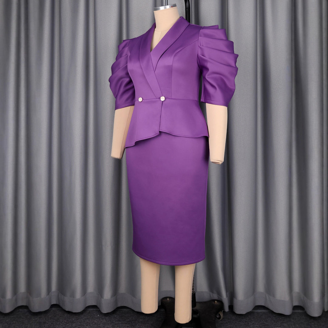 Damen Elegantes Business-Kleid mit stilvollem Wickel-Design und Puffärmeln EB