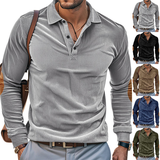 Herren lässiges Langarm-Henley-Shirt mit strukturiertem Rippenstoff und kontrastierenden Ellbogenpatches EB