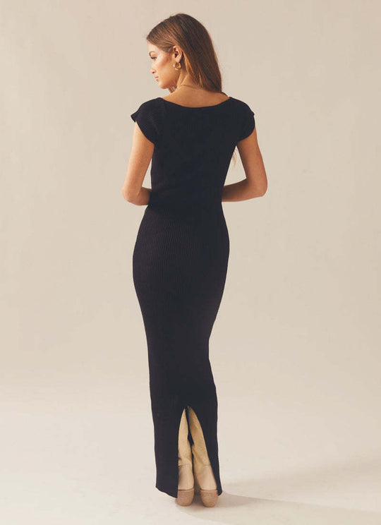 Damen figurbetontes Strick-Maxikleid mit schulterfreien Ärmeln und elegantem V-Ausschnitt EB