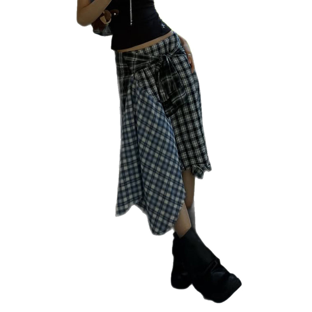Damen asymmetrischer karierter Rock mit Bindegürtel EB