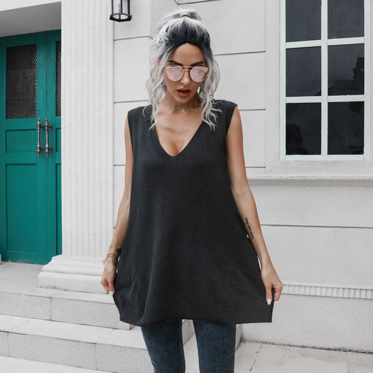 Damen Strickkleid mit tiefem V-Ausschnitt und lässigem Schnitt EB