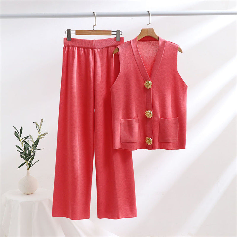 Damen elegantes Strick-Loungewear-Set mit Knopfdetaillierung EB