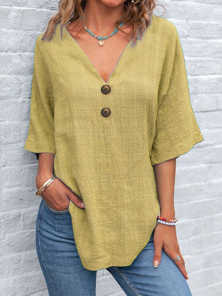 Damen V-Ausschnitt Bluse mit dekorativen Knöpfen und lässigem Schnitt EB