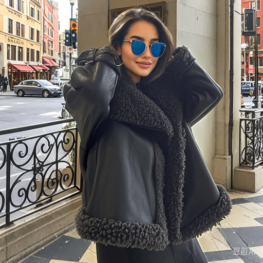 Damen Oversized Kunstlederjacke mit kuscheligem Futter EB