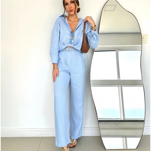 Damen angesagter Leinen-Jumpsuit mit tailliertem Schnitt und langen Ärmeln EB