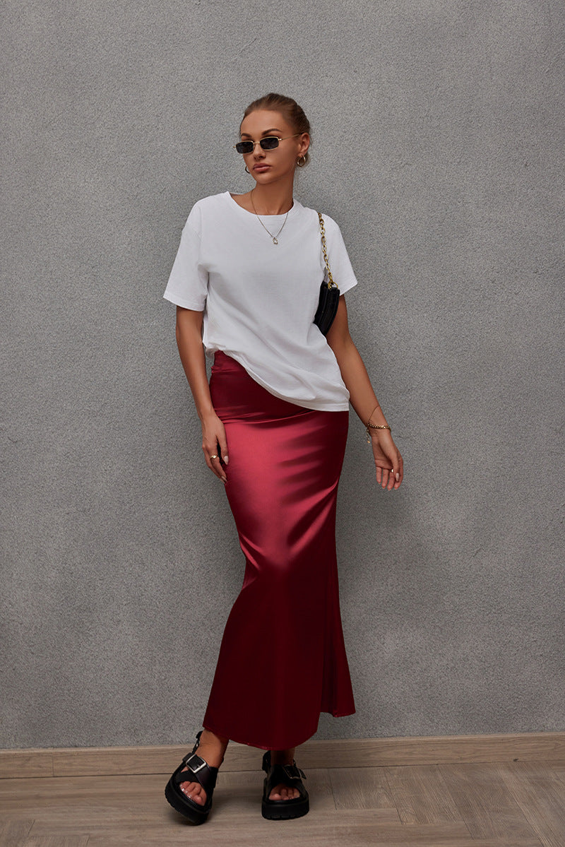 Damen Eleganter Maxirock aus glänzendem Satin mit hohem Schlitz EB