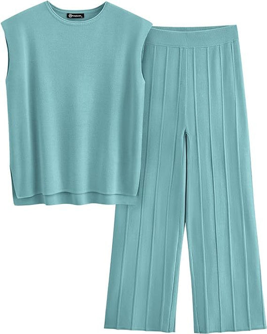 Damen elegantes Set mit kurzärmligem Oberteil und plissierter Hose EB