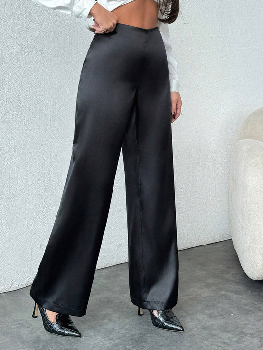 Damen elegante, weite Satin-Hose mit hohem Bund und fließendem Schnitt EB