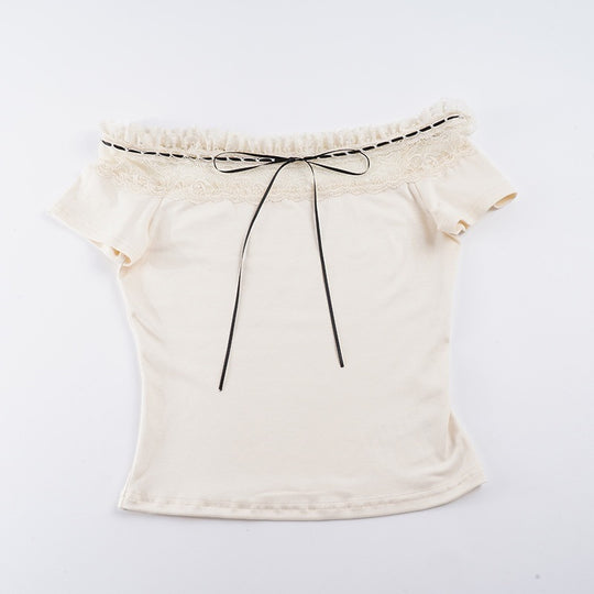 Damen Off-Shoulder Oberteil mit Spitzenverzierungen und taillierter Passform EB