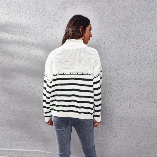 Damen Strickpullover mit hohem Kragen und modernem Streifenmuster EB