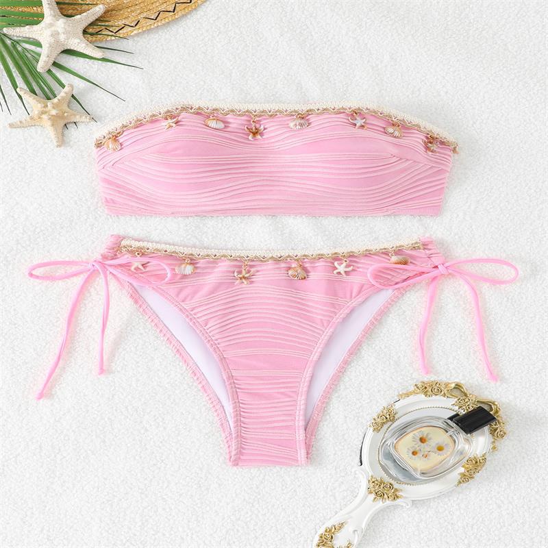 Damen Bandeau-Bikini mit eleganter Spitzenverzierung und verstellbaren Trägern EB