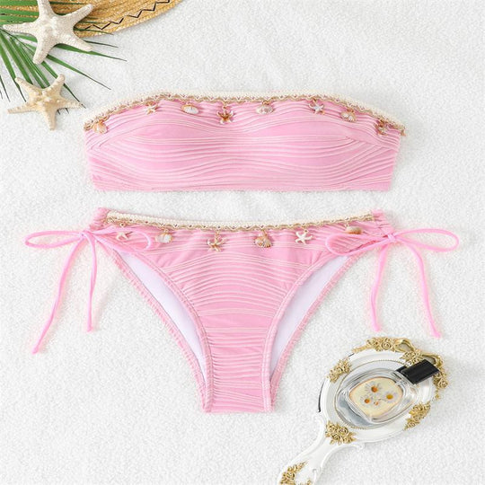 Damen Bandeau-Bikini mit eleganter Spitzenverzierung und verstellbaren Trägern EB