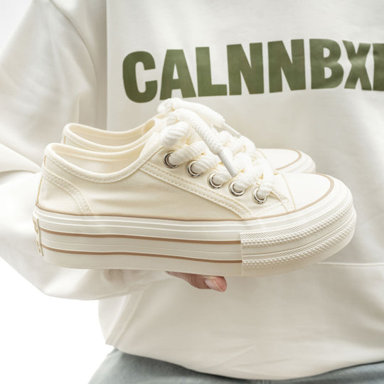 Damen Plattform Sneakers mit hochwertigem Canvas-Obermaterial und elastischen Schnürsenkeln EB